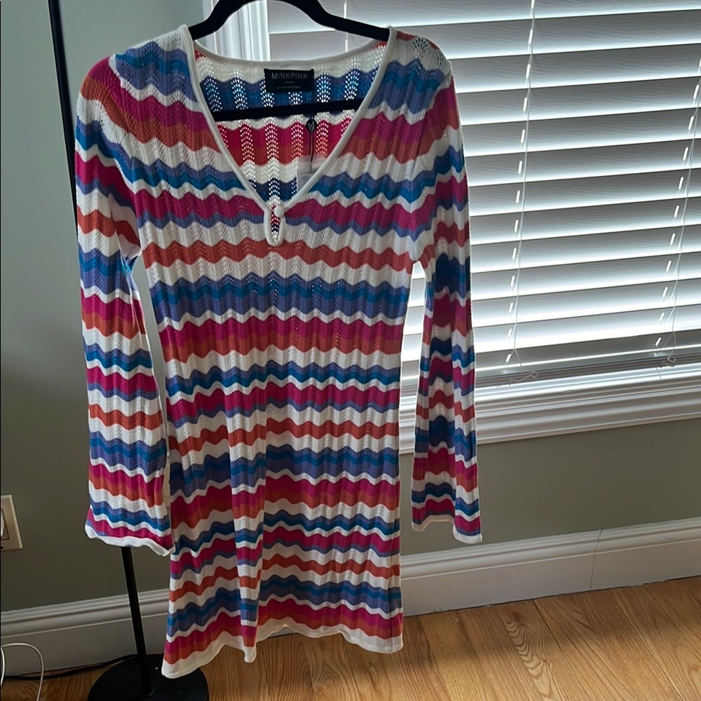 MINKPINK Red and White Ribbed Tie Front Tunic Dress